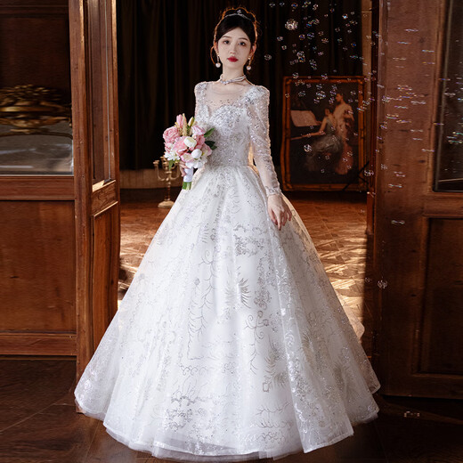 Wei Lianmenglan one-shoulder French light wedding dress 2025 new main yarn textured long-sleeved wedding dress for little brides white floor-length style (wedding dress + 8-piece set) XS weight 80Jin Jin is equal to about 0.5 kg