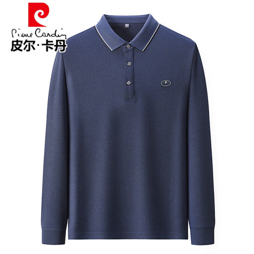 Pier Cardin Ironing Free Mulberry Silk T-shirt à manches longues pour hommes à manches longues 2025 Automne à l'âge décontracté d'âge d'âge moyen Abroix de mode brodé en cuir 15867 Blue XL 175 (adapté à 135-155jin [Jin est égal à 0,5 kg]))