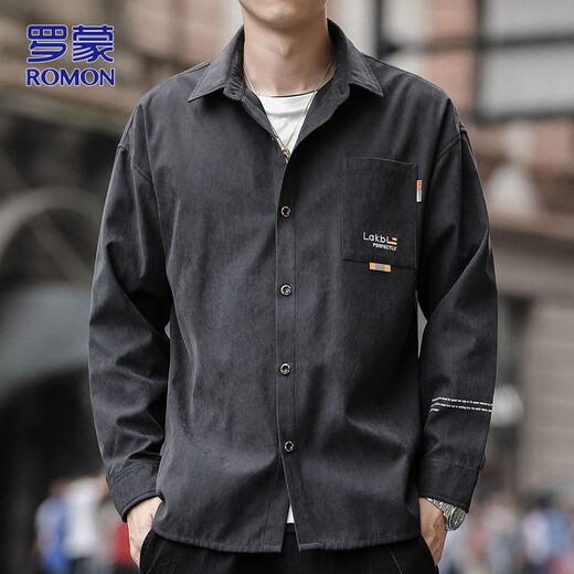 罗蒙（ROMON）长袖衬衫男春秋季潮流休闲外套男士宽松衬衣男装 黑色 XL