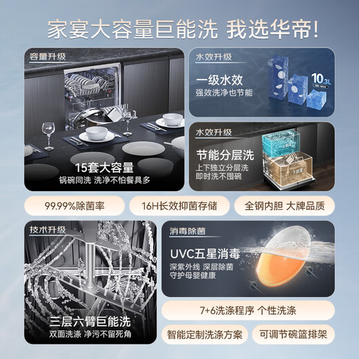 VATTI 15 sets of large-capacity built-in dishwasher iQ12, super water-effective UV sterilization, three-layer double steel spray arm layered washing, double hot air drying