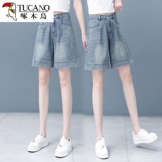 Woodpecker American Forts de mezclilla de cinco puntos para mujeres 2025 Summer Nuevo Pantalones de longitud de longitud anchas delgadas y versátiles de cinturón de cintura.