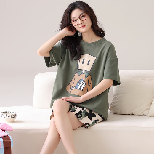 Langsha pajamas for women in summer pure cotton 100% short-sleeved shorts sweet pullover girl summer thin home clothes can be worn outside 844 women M
