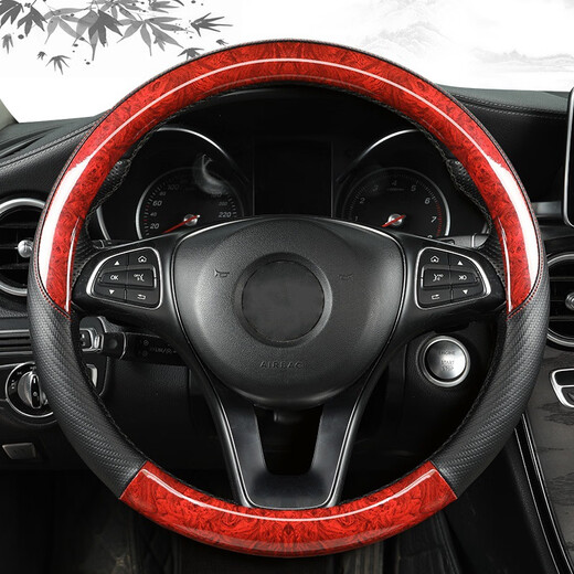 Select peach wood grain steering wheel cover for all seasons, carbon fiber grain car handle cover accessories, non-slip and sweat-absorbent car interior decoration, peach wood grain carbon fiber grain, peach wood grain type 0