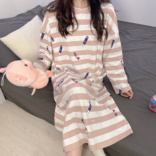 睡衣女款秋冬季连衣裙宽松卡通长袖家居服睡裙 女士浅棕睡裙 （J16873-20） L 女（建议96-115斤）