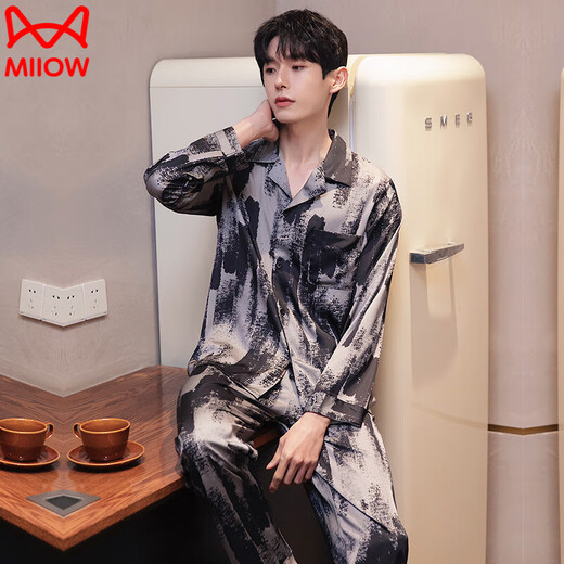 
Catman (MiiOW) men's pajamas spring and autumn ice silk long sleeve trousers suit men's summer 2025 new home clothes 6627 gray rice dumplings L (100-125Jin [Jin equals 0.5 kg])