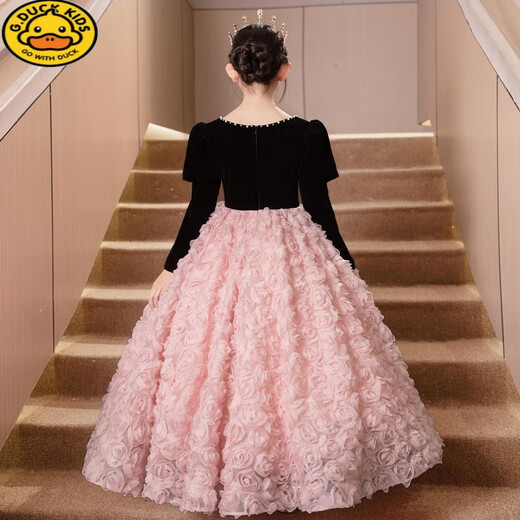 G.duck girls evening dress light luxury niche high-end host autumn and winter birthday princess dress children piano performance pink short plus velvet thickening 100 height 90-95cm age 3-4 years old