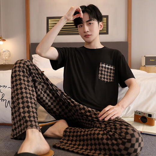 七匹狼（SEPTWOLVES）睡衣男士夏季莫代尔薄款短袖长裤冰丝凉感休闲家居服加肥大码套装 XM9918莫代尔男长裤短袖 L 男100-125斤