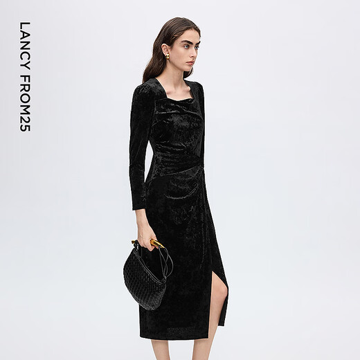 Langzi Velvet Square Collier plissé robe robe robe de style argent