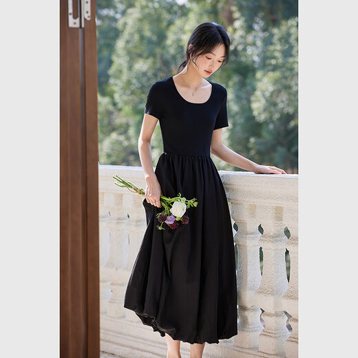 Vestiman Slim Vestido de manga corta en verano Nuevo francés Slim Hepburn Style Long Falda N Black L