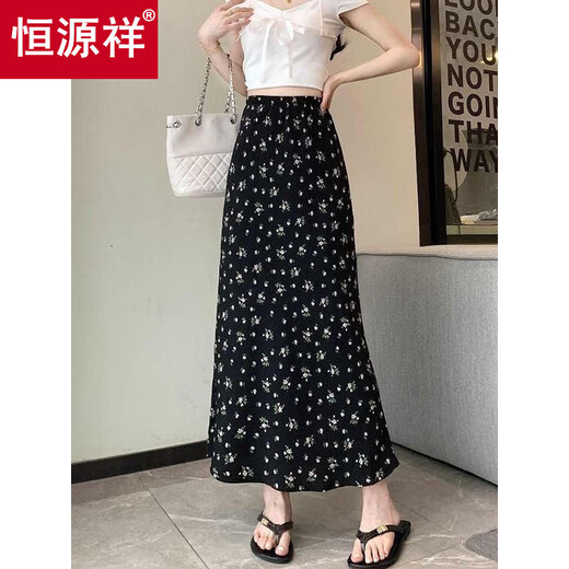 Hengyuanxiang falda floral negra para mujeres en verano Nuevo estilo que cubre las caderas para hacer que se vean de falda de línea delgada en las vacaciones de la playa Use una pequeña falda larga negra 2xl recomendado 160-180Jin [Jin iguala 0.5 kg]