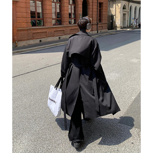 NYING double-breasted windbreaker jacket for men in spring and autumn new fashion brand Korean style large size loose mid-length over-the-knee coat black XL (130-150Jin Jin equals 0.5kg)