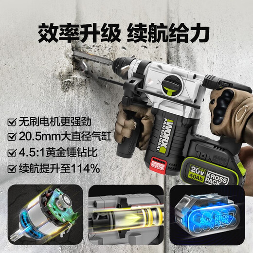 
WORX WU388 brushless lithium battery hammer WU388 industrial-grade power tool impact drill rechargeable high-power electric hammer WU3884.0 double electric + flash charging