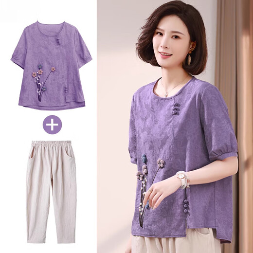 Woodpecker (TUCANO) mother top summer pure cotton fashionable middle-aged and elderly women summer suit large size middle-aged short-sleeved T-shirt two-piece set 9216 purple single top L (recommended 110 Jin [Jin equals 0.5 kg])