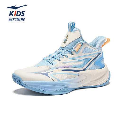 Hongxing Erke (ERKE) children's shoes for boys and girls, dense tennis shoes, children's cushioning strap basketball shoes, microcrystalline white/light oxygen blue 35