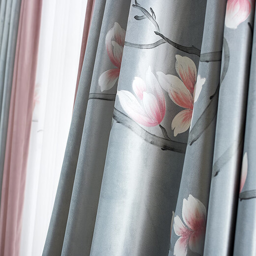 Wen Yijia's new Chinese style curtains, creative hand-painted magnolia flocking cloth, living room and bedroom, high-end Zen Chinese style window screen, gray blue, hand-painted velvet cloth - pink flowers, it takes a few meters to take a few pieces (free processing)