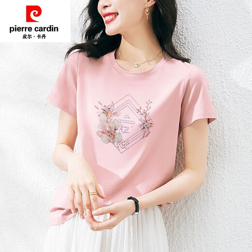 Pierre CARDIN (PIERRE CARDIN) Mulberry Silk 100% Summer Pure Cotton T-shirt Women's Short Sleeve Loose Temperament Fashionable Pink T-shirt Summer 2025 6172 Gray Powder Short Sleeve M (Suggested 80-105Jin [Jin equals 0.5 kg])