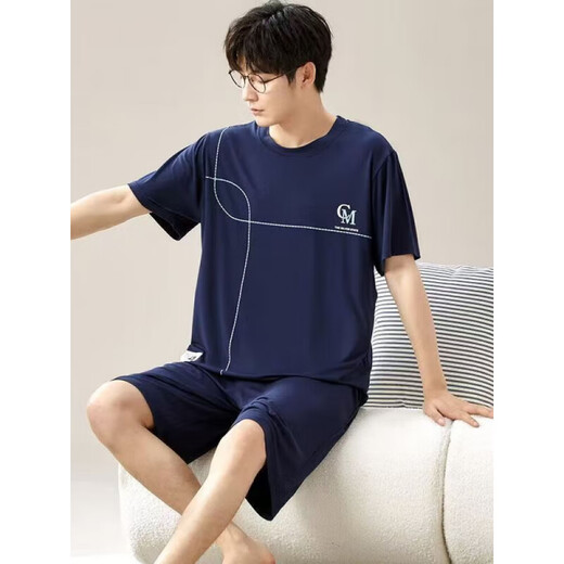 鎏蔓栗莫代尔短袖短裤男士夏季宽松加肥大码薄款睡衣夏天家居服套装外穿 6624男款居家服 L 【建议95-120斤】