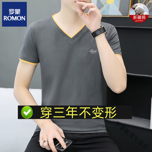 Romon (Romon) 80 Pure Cotton V-образный вырезок мужская футболка с короткими рукавами летняя модная марка универсальная слабая шелковая шелковая футболка для футболки, модные мужчины 80, жидкие хлопковые черные Qy691 M 100-115Jin [Jin равняется 0,5 кг]