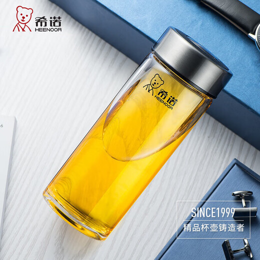希诺（HEENOOR）玻璃杯单层泡茶便携男女士水杯车载加厚耐热商务便携杯子 6191-新款小熊杯盖带滤网 410ml
