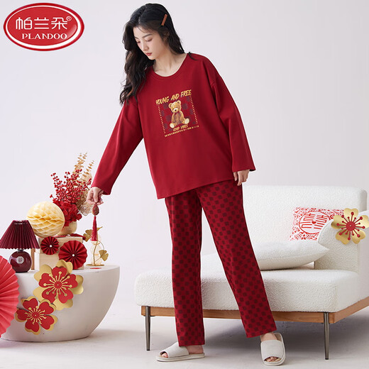 Palando Women's Pajama Set Wedding Festive Home Suit 2025 Spring and Summer Pure Cotton Red Native Year Round Can Wear Outer Pajamas Pa-QM 9227 Women M Pa-(Female)
