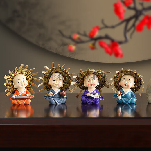 Chinese Zen Four Little Monk Tea Table Ornaments Tea Pet Accessories Decoration Tea Table Coffee Table Office Desktop Small Furnishings Straw Hat - Little Monk Playing Music, Chess, Calligraphy and Painting (Set of 4)