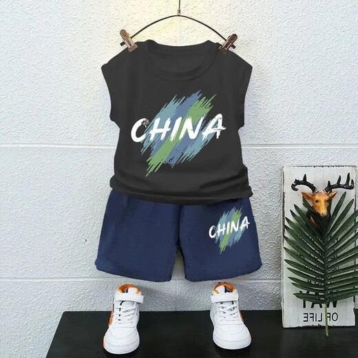 Escape Star Children's Shorts 9-14 Years Old Boy Sleeveless Vest Set Wearing Summer Thin Style Two-Piece Set in China White Vest T1049 + Black Shorts T1049 Small 90 cm Recommended height below 90CM