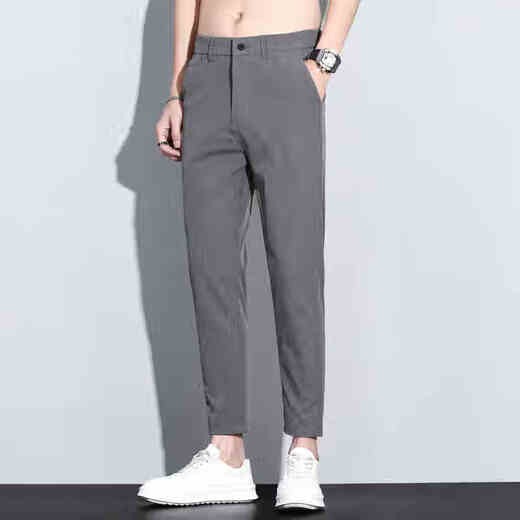 
Charlotte Men's Summer Cropped Pants Slim Ice Silk Thin Small-Feed Pants Men's 2025 Summer New Straight-Line Casual Pants 9905 Black 29