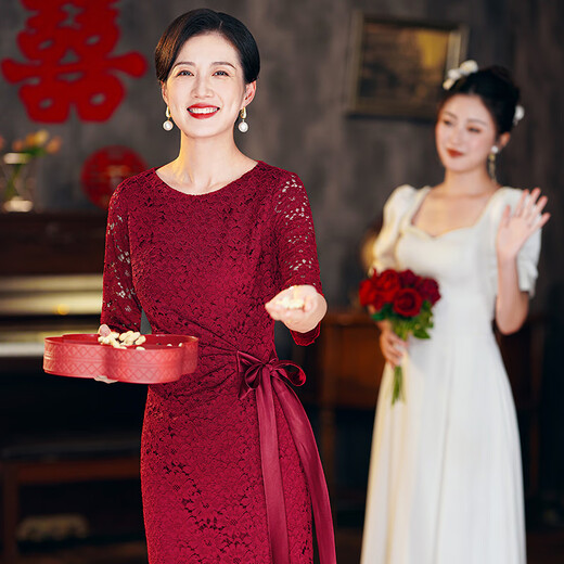 离境天旗袍2025新品五一喜婆婆婚宴装春夏新款年轻妈妈礼服高端蕾丝连衣 9761酒红色 L建议100-110斤 均码