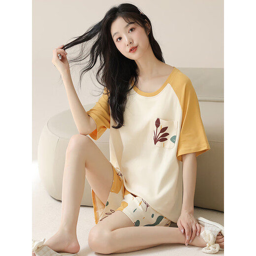 
Hehui Summer Women's Short Sleeve Large Size Pajama Set Cotton with Chest Paddy Paddy Package Integrated Home Summer Thin Style Can Be Wear Outside OZM-B1509 M (Suggested 75-95Jin [Jin equals 0.5 kg])