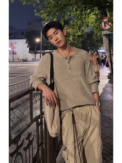 Yingtang Henry Collar Vertical Striped Sweater Men's Autumn Long Sleeve Top Loose Lazy Loose Feeling Bottoming Sweater Gray M One Size