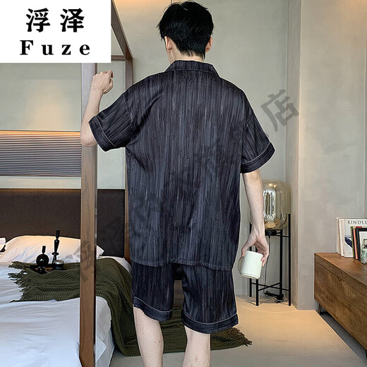 映棠男士睡衣夏季冰丝短袖裤色黑色夏天薄款男生仿真家居服套装 12532【云朵棉绉布款】 L _(建议身高170左右-体重-130