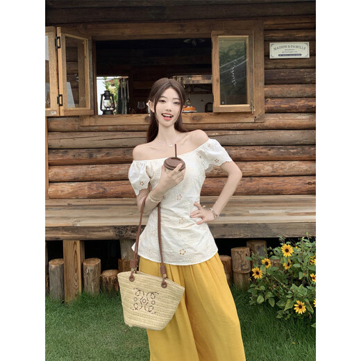 ZIPJBX Korean version slim and heavy industry embroidered hollow flower shirt top high waist slim and versatile wide-leg pants suit for women trousers 3291 S