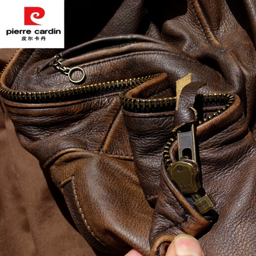 Pierre Cardin high-end soft waxy pendant 1930 Enfield heavy washed distressed leather jacket men's Bengal tea core cowhide leather jacket heavy washed distressed Bengal calf yellow brown tea core 3XL 165-180Jin Jin is equal to 0.5 kg