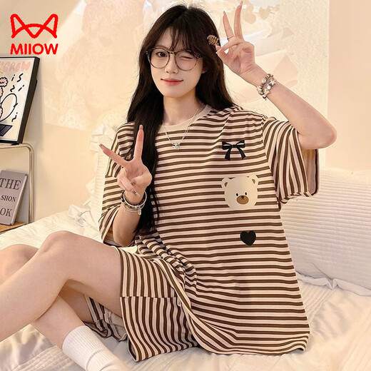猫人睡衣女自带胸垫一体短袖短裤两件套2025夏季新款甜美风家居服套装 693黑笑脸 2XL 【建议125-150斤】