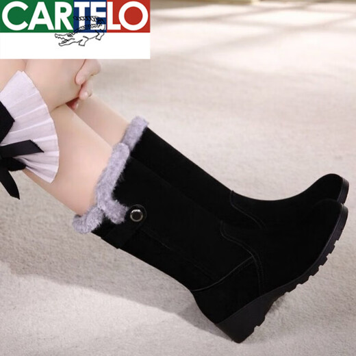 卡帝乐鳄鱼（CARTELO）加绒加厚雪地靴女冬季皮毛一体长筒靴平底防滑中筒靴保暖妈妈棉鞋 719黑色 39