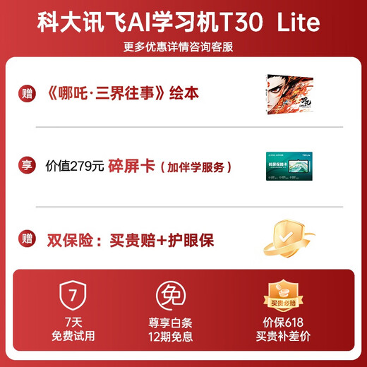 科大讯飞人工智能旗舰学习机T30 Lite 12.5英寸护眼大屏 中高考同源技术 星火+DeepSeek双AI模型 8+512G 