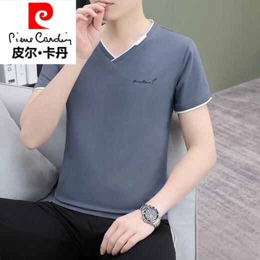 皮尔卡丹（pierre cardin）针男士鸡心领短袖t恤2025夏季新款百搭休闲潮流冰丝帅气T恤织 qy694豆绿色 M