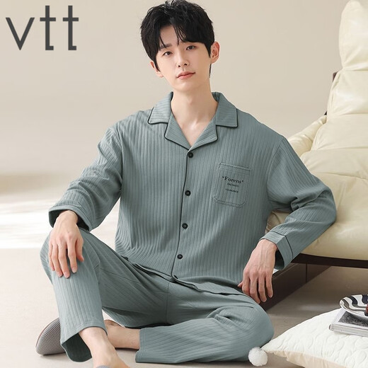 VTT男士睡衣男款春秋款2025新款纯棉长袖秋冬款秋季家居服套装 V长袖套装：OMM12023 坑条 L
