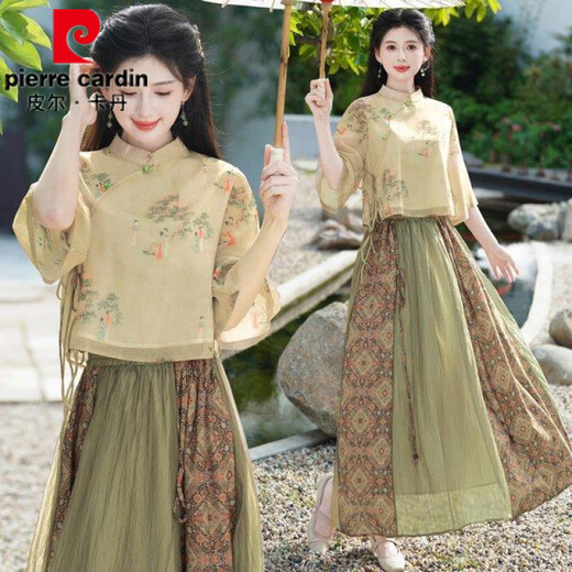 
Pier Cardin summer new Chinese style oriental classical Chinese style jacquard slanted lace temperament stand collar button top spliced ​​skirt suit 1043 green + 12161 brown S