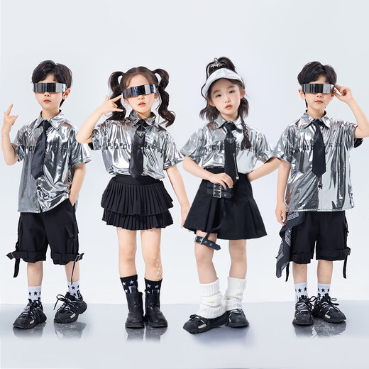 Poresno children's technology sense catwalk costumes June 1st street dance trendy costumes girls jazz dance boys future drumming costumes Short sleeves: A694 silver bright leather top + B317 black 3 110cm single size