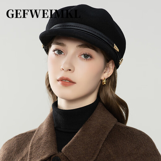 GEFWEIMKL retro pu belt equestrian hat women's autumn and winter merino wool felt hat versatile octagonal hat temperament peaked hat khaki adjustable (56-58cm)