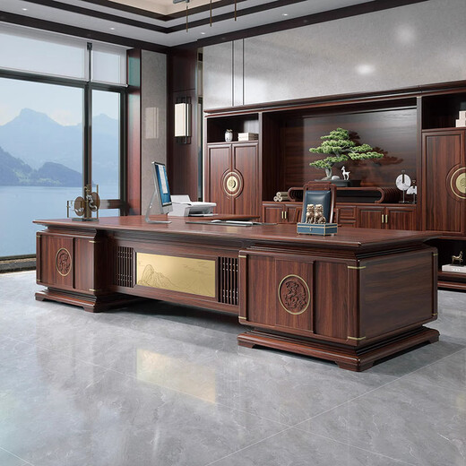 YARXCHEG desk boss desk new Chinese style all solid wood chairman's study office president desk ebony wood executive desk 3.6 meters boss desk
