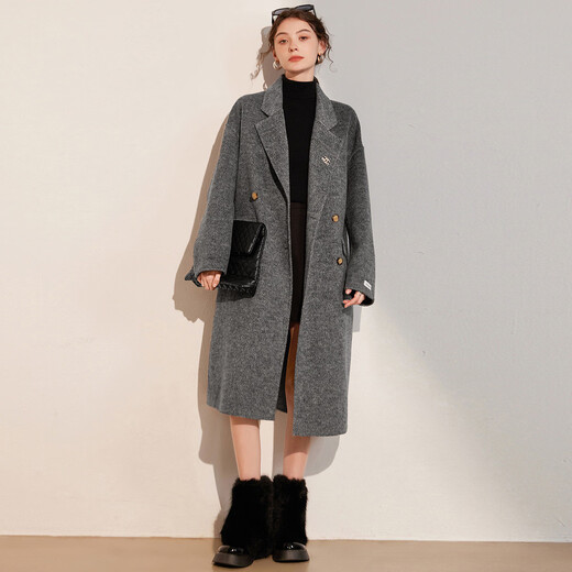 Bailuyu Winter Wool Blended Double-sided Wool Coat Temperament Lapel Thick Long Coat Jacket for Women Dark Gray 1 M