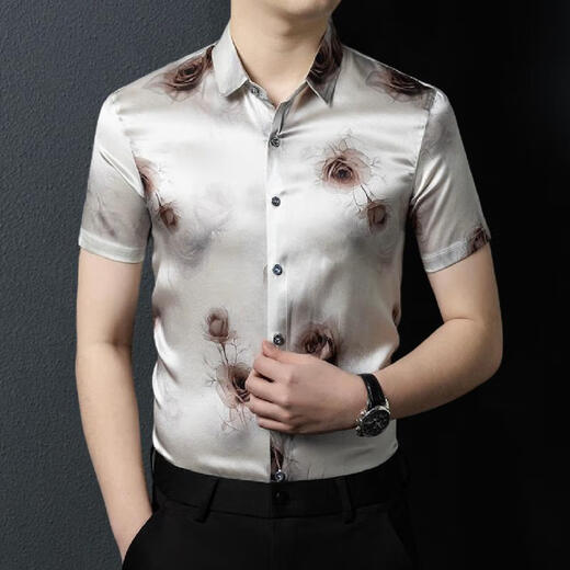 嘉欣丝绸正宗【92.5%桑蚕丝】重磅高端真丝衬衫男短袖夏提花绸缎衬衣轻薄丝滑 6218 2XL (180) ［适合156-169斤］