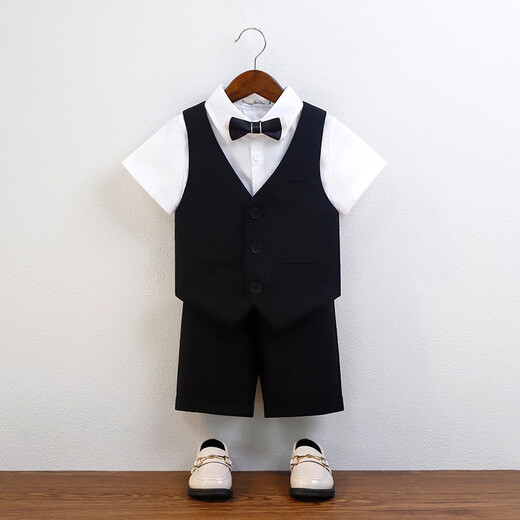Children's Suit Dress Summer British Short-sleeved Vest Set Boys Host Speech Piano Show Show Clothes White 5-piece Set (Black Shirt + Vest + Shorts + 90 cm, Recommended Weight 20-26 Jin [Jin equals 0.5 kg]