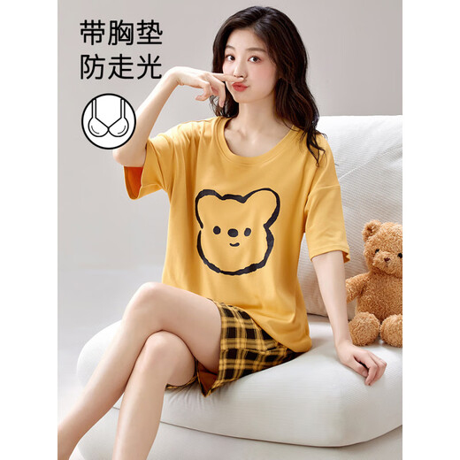 Calculat&Keen（CALCULAT&KEEN） CK夏季女士短袖睡衣套装自带胸垫一体家居服薄款大码夏天纯 棉 GXT1047 M (建议75-95斤)