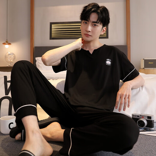 七匹狼（SEPTWOLVES）睡衣男士夏季莫代尔薄款短袖长裤冰丝凉感休闲家居服加肥大码套装 XM9918莫代尔男长裤短袖 L 男100-125斤