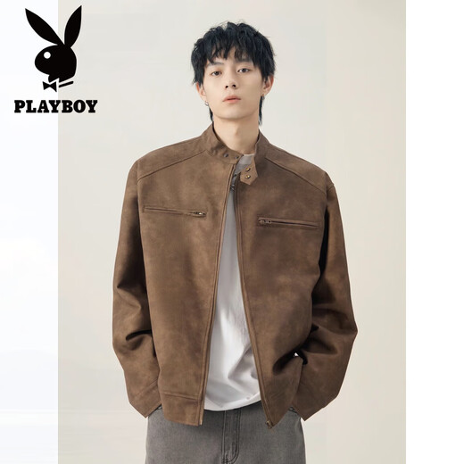 Playboy Maillard American brown PU leather jacket men's cleanfi flight jacket cotton motorcycle couple baseball uniform 5713-brown jacket XL recommended 125-145Jin Jin equals 0.5 kg