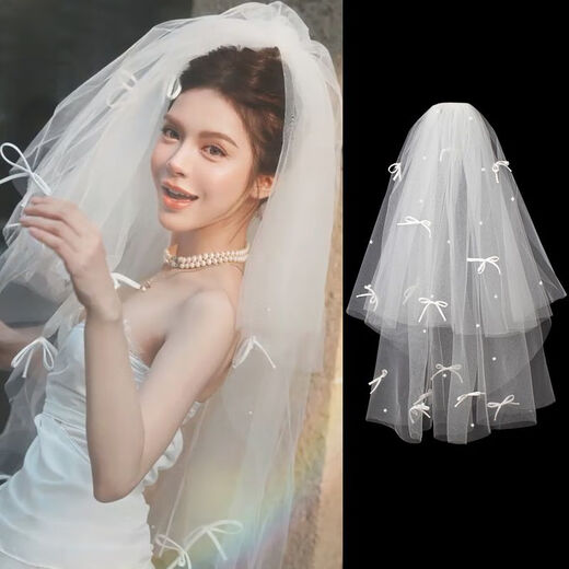 
Shantoulin Village Veil Certificate Pearl Bride Veil Main Wedding Dress Bow Pearl Hair Garment Puffy Korean Style Photo Shot Band Beaded Veil-about 80cm