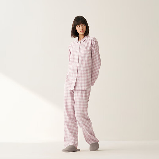 MUJI self-operated limited edition women's no side seams double-layer gauze pajamas soft cotton underwear light pink plaid L